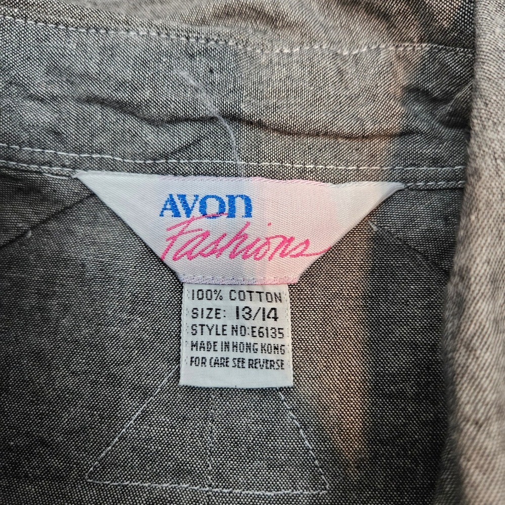 Vintage Avon Fashions Gray Cotton Western Button Down Shirt Flap Pockets Size 14 - Picture 5 of 7